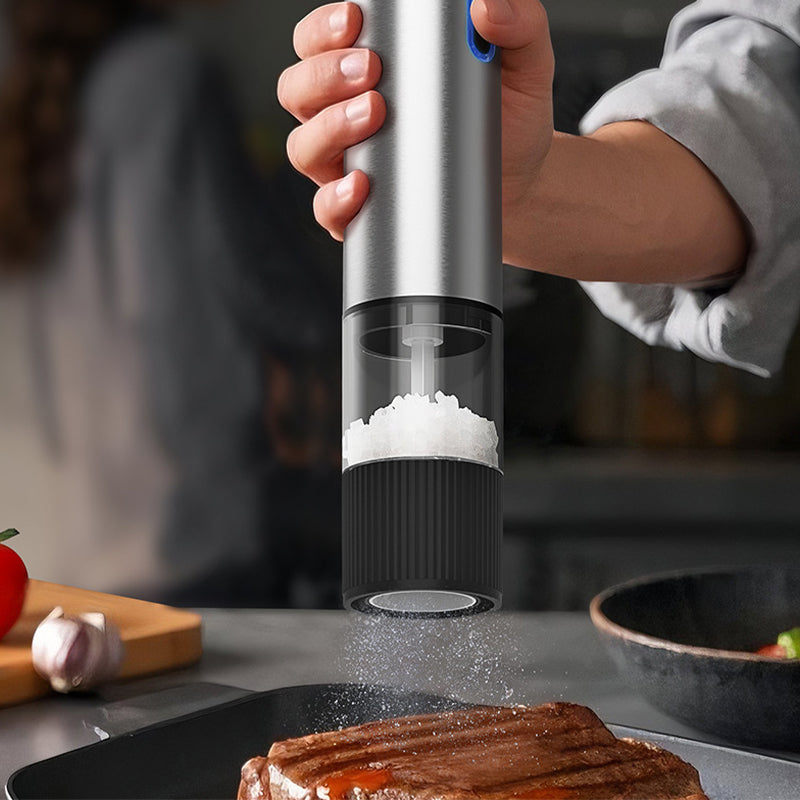 Arenzza electric pepper and salt grinder set in black and silver, showcasing sleek houseware kitchen tools for seasoning.