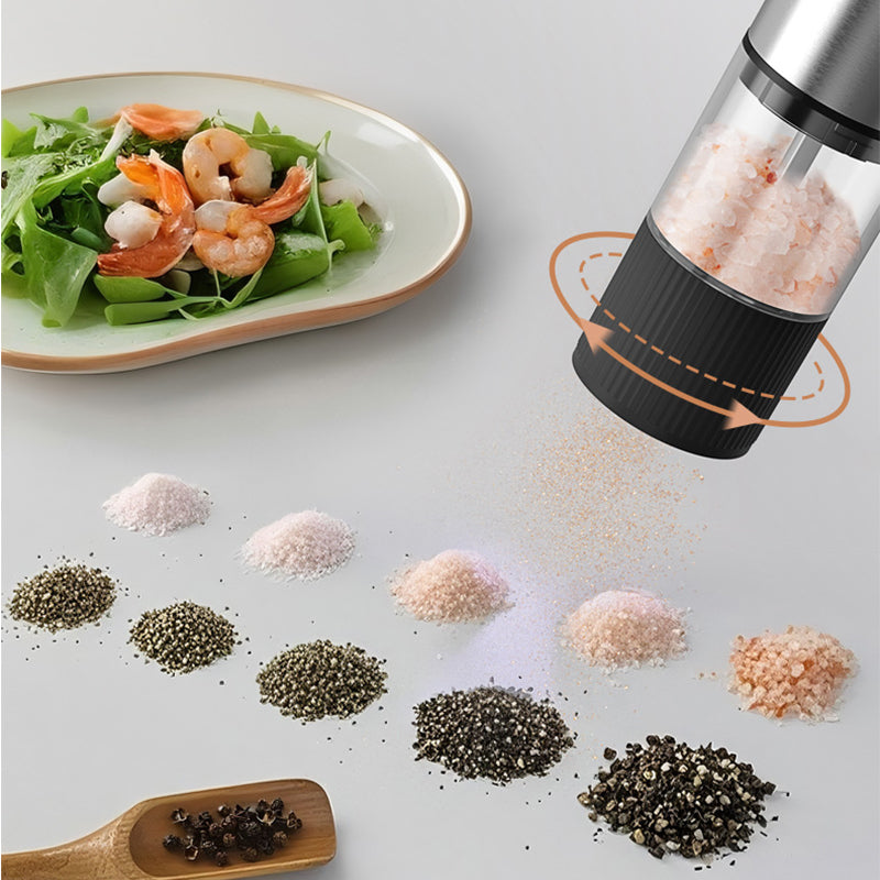 Arenzza electric pepper and salt grinder set on a kitchen countertop, featuring sleek black and stainless steel design.