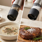 Arenzza electric pepper and salt grinder set in a modern kitchen, featuring sleek black and stainless steel design.