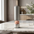 Arenzza electric pepper and salt grinder set in sleek black and stainless steel for modern kitchen use.