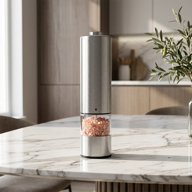 Arenzza electric pepper and salt grinder set in sleek black and stainless steel for modern kitchen use.