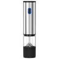 Arenzza electric pepper and salt grinder set in black and stainless steel, placed on a kitchen countertop with spices.