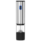Arenzza electric pepper and salt grinder set in black and stainless steel, placed on a kitchen countertop with spices.