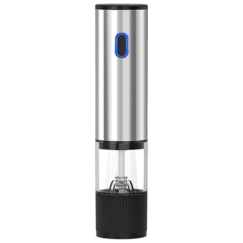 Arenzza electric pepper and salt grinder set in black and stainless steel, placed on a kitchen countertop with spices.