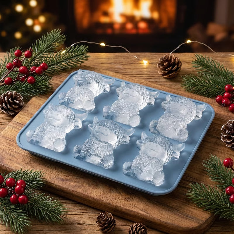 Arenzza 6-cavity mini Highland cow ice cube and dessert mold showing cute 3D cow shapes for drinks and party treats.
