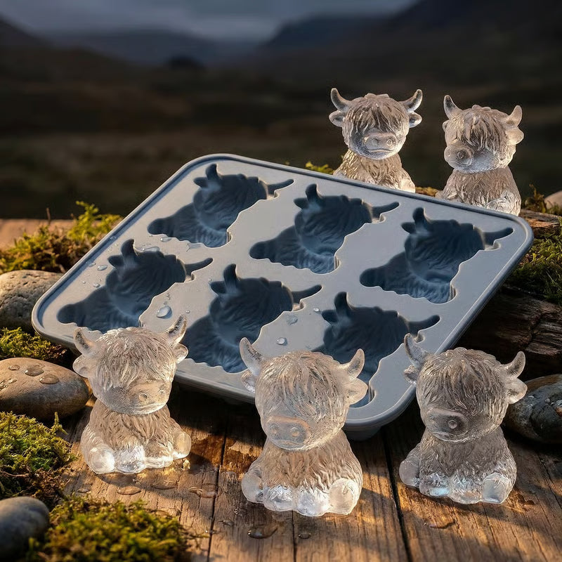 Arenzza mini Highland cow ice cube and dessert mold with 6 cavities, showing 3D cow shapes for drinks and party treats.