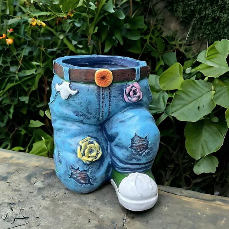 A creative 3D jeans-shaped flower pot by Arenzza, ideal for houseware and kitchen decor, featuring a vibrant denim design.