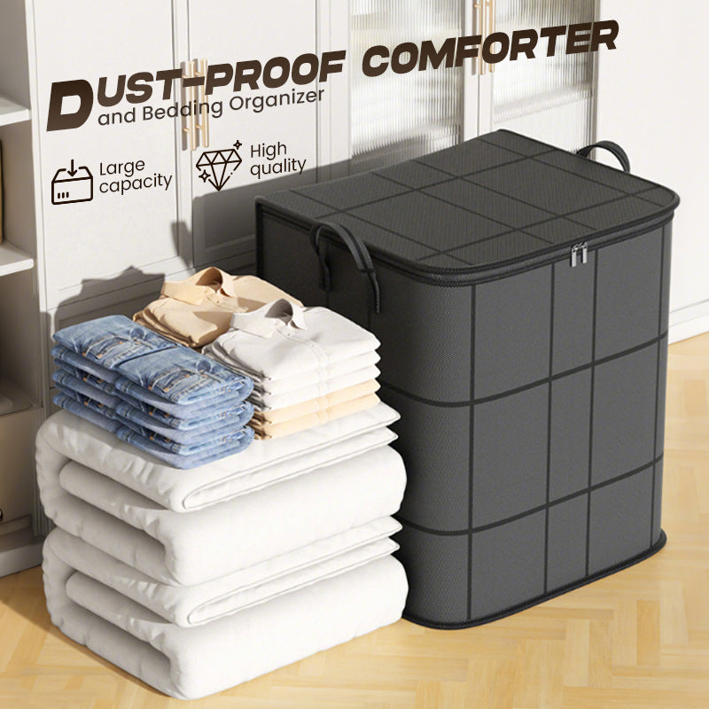 Arenzza dust-proof comforter and bedding organizer with multiple compartments for storing and protecting bedding items.