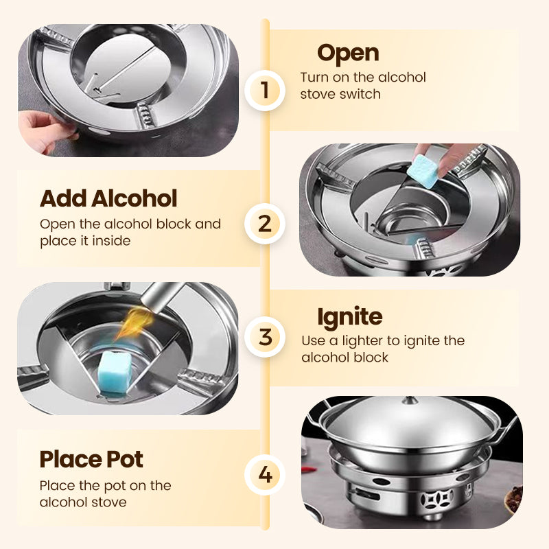 Arenzza windproof alcohol stove with pot, compact houseware kitchen tool for outdoor cooking and camping.