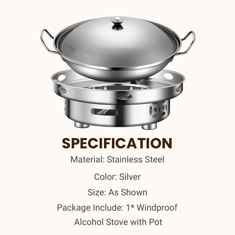Arenzza windproof alcohol stove with pot for camping and outdoor cooking, compact houseware and kitchen gear.