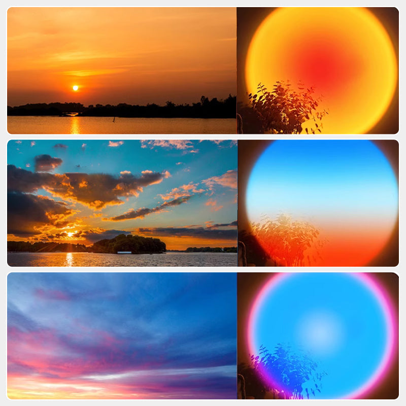 Arenzza LED Sunset Projection Lamp displaying warm sunset hues, ideal for photography, parties, and home decor.
