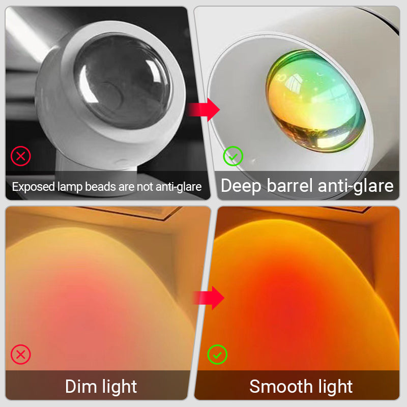 Arenzza LED Sunset Projection Lamp illuminating a room, ideal for photography, parties, and home decor with warm sunset light.