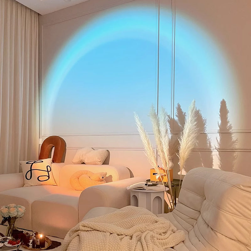 Arenzza LED Sunset Projection Lamp displaying warm sunset hues, ideal for photography, selfies, parties, and home decor.