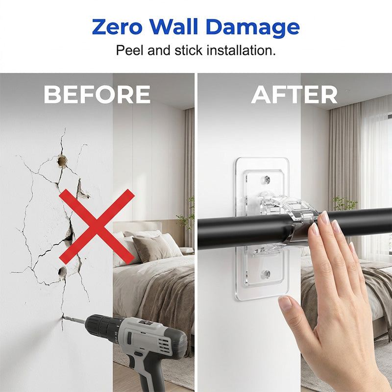 Arenzza heavy-duty self-adhesive rod support brackets for houseware and kitchen, showing close-up of brackets attached to a wall.