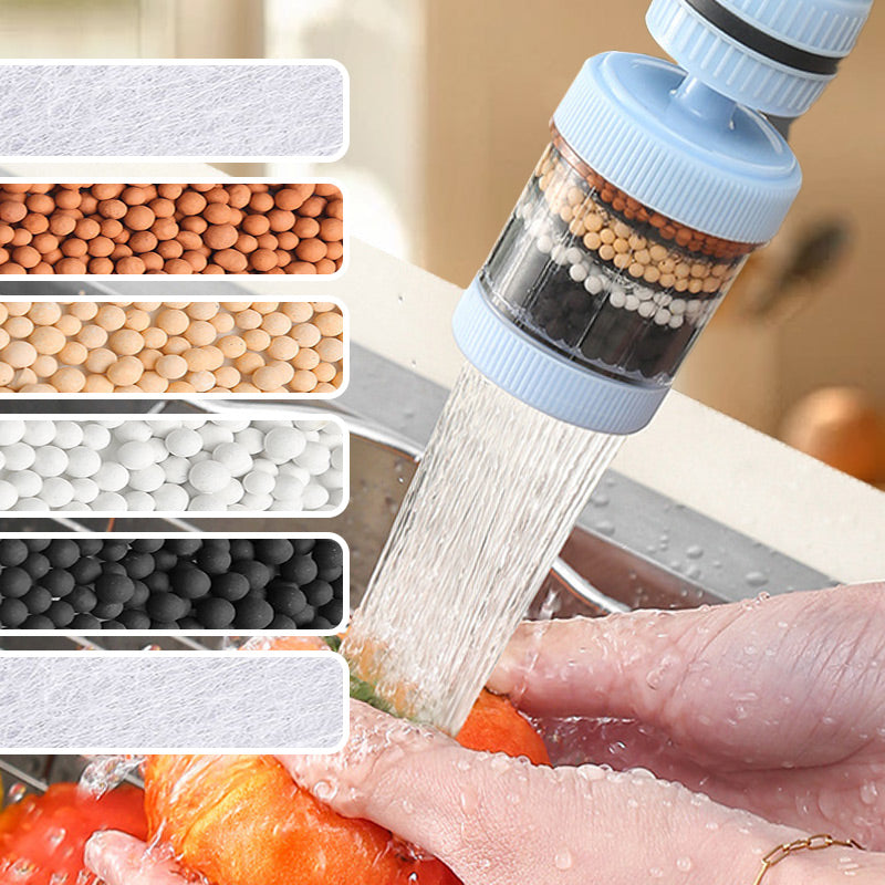 Arenzza faucet filter attached to a kitchen tap, showcasing clean, filtered water flowing for improved tap water quality.