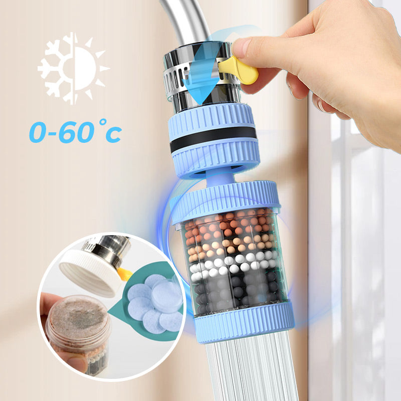 Arenzza faucet filter attached to kitchen sink tap, providing clean, filtered tap water for household use.