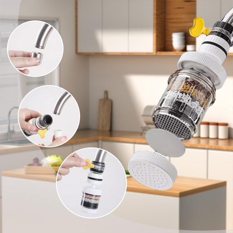 Arenzza faucet filter attached to a kitchen tap, demonstrating improved water flow and clarity in a modern kitchen setting.