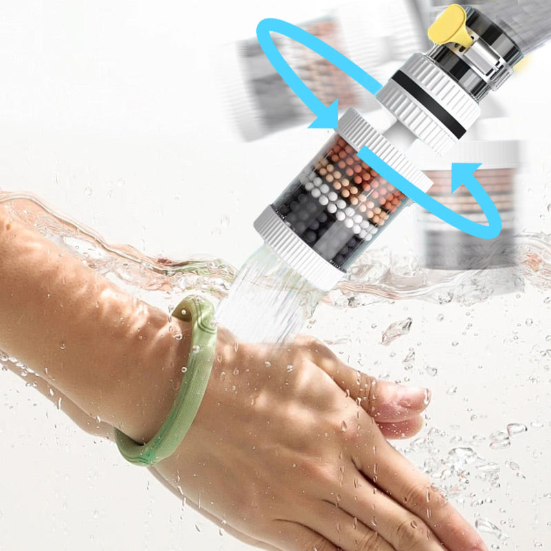 Arenzza faucet filter attached to kitchen tap, demonstrating clean tap water flow and filter design for improved water quality.