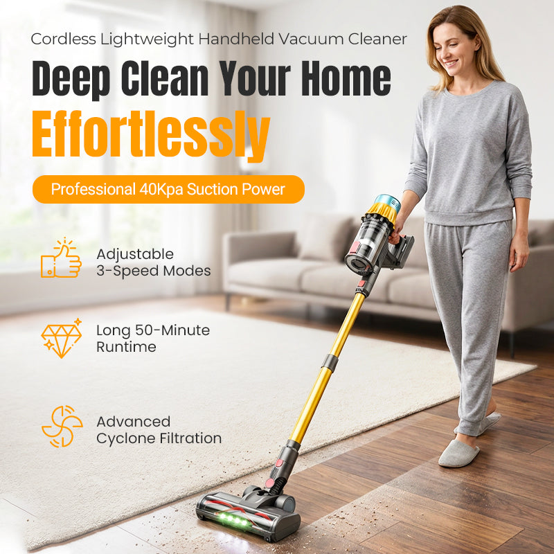 Arenzza cordless lightweight handheld vacuum cleaner for housework, shown on a kitchen countertop with dust and debris.