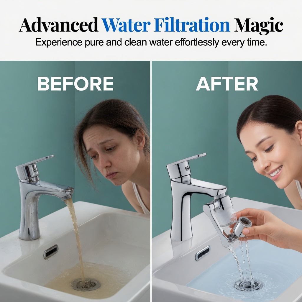 Arenzza 1080° rotating faucet extender aerator attached to a kitchen sink faucet, showcasing its flexible design and water flow.