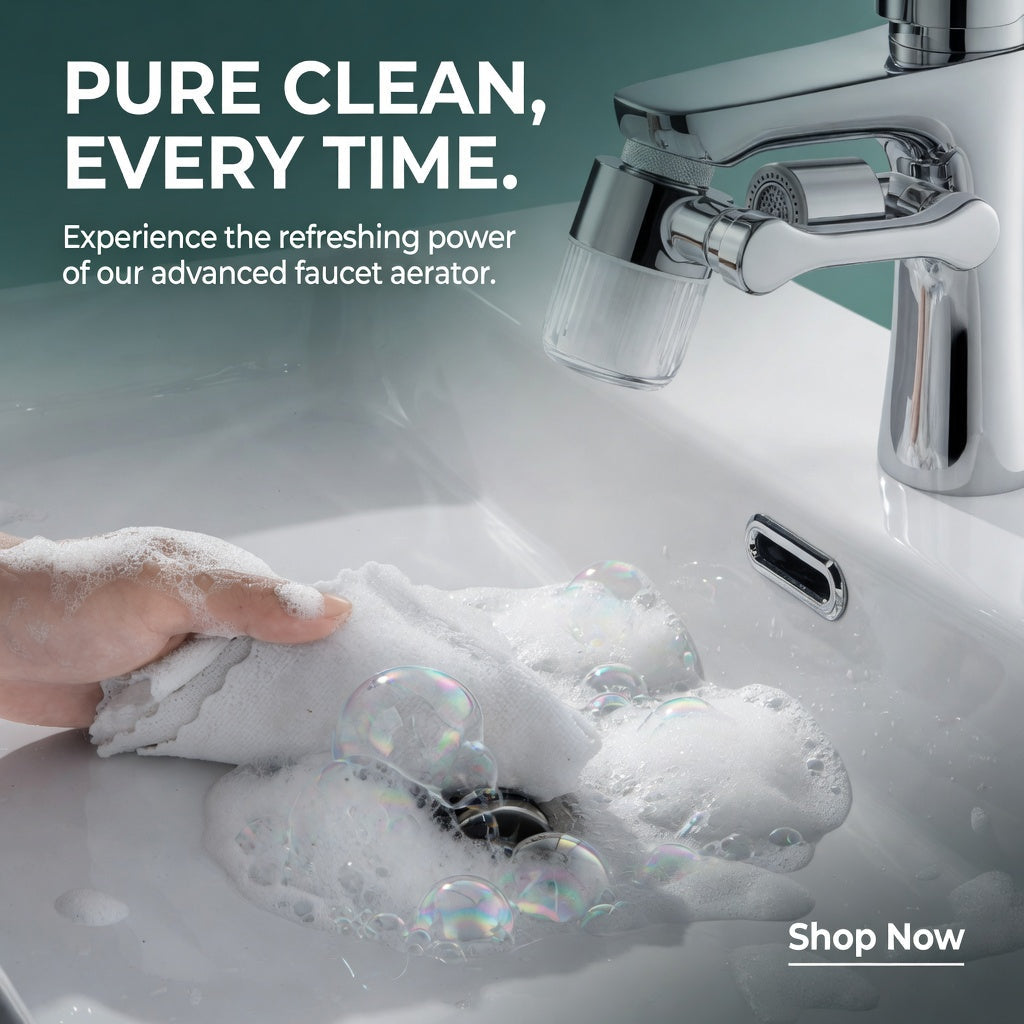 Arenzza 1080° rotating faucet extender aerator attached to a kitchen faucet, showing adjustable swivel and water flow.