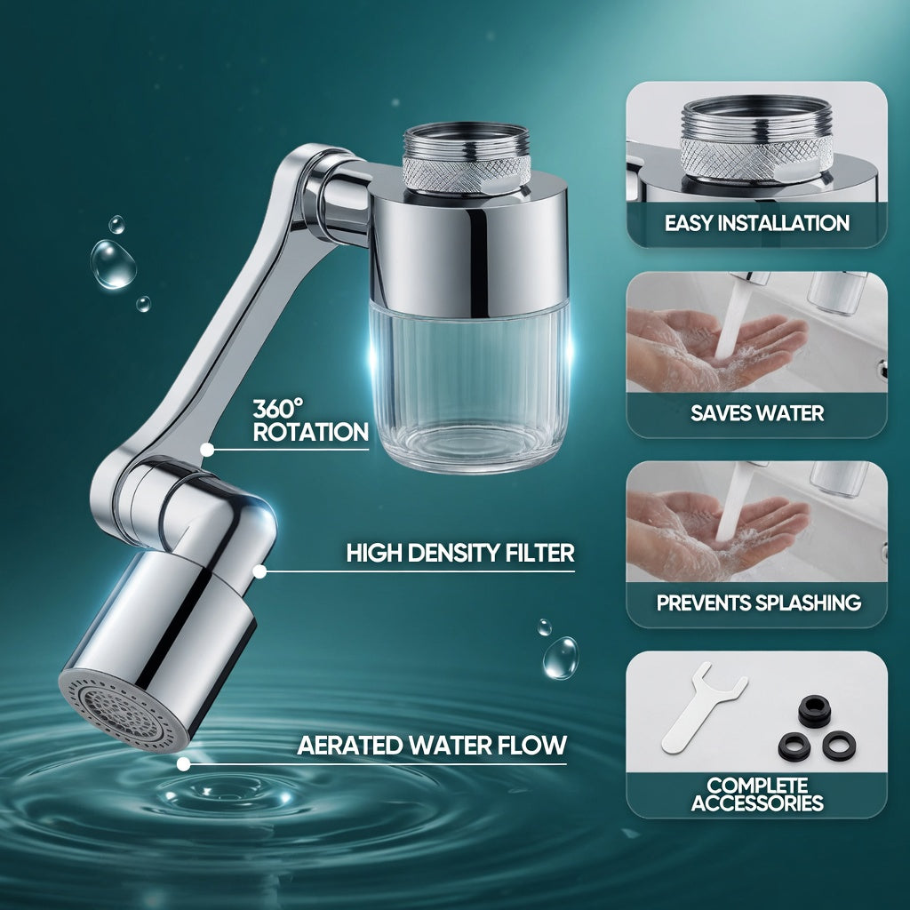 Arenzza 1080° rotating faucet extender aerator attached to kitchen faucet for improved water flow and flexibility.