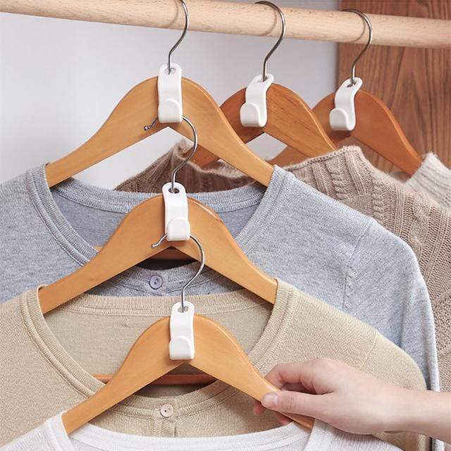 Arenzza space-saving hanger connector hooks in a closet, showing how they double closet space with sturdy, easy-to-use design.