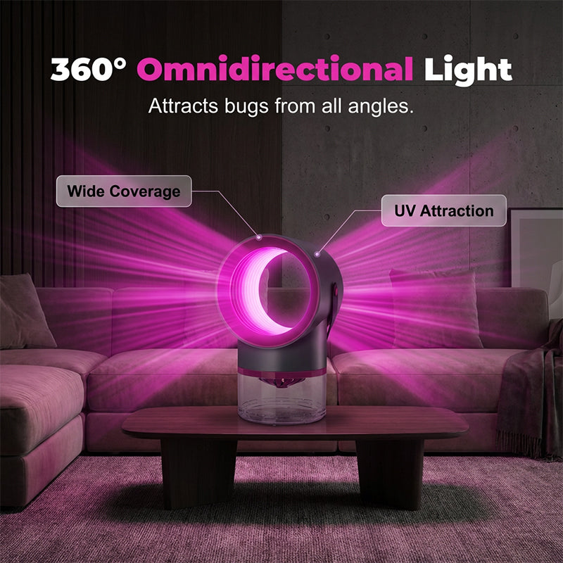 Arenzza 360° UV light mosquito trap for home, showing the device with UV light and mosquito collection area in a house setting.