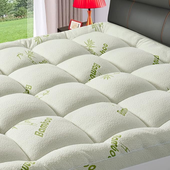 Arenzza bamboo viscose twin size mattress topper with quilted 1200 GSM filling, extra thick, fitted pillow top for comfort and back pain relief.