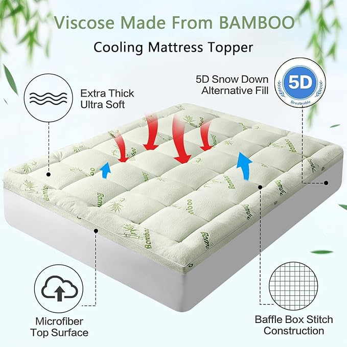 Arenzza twin size bamboo viscose mattress topper with quilted design, extra thick pillow top, suitable for back pain relief.