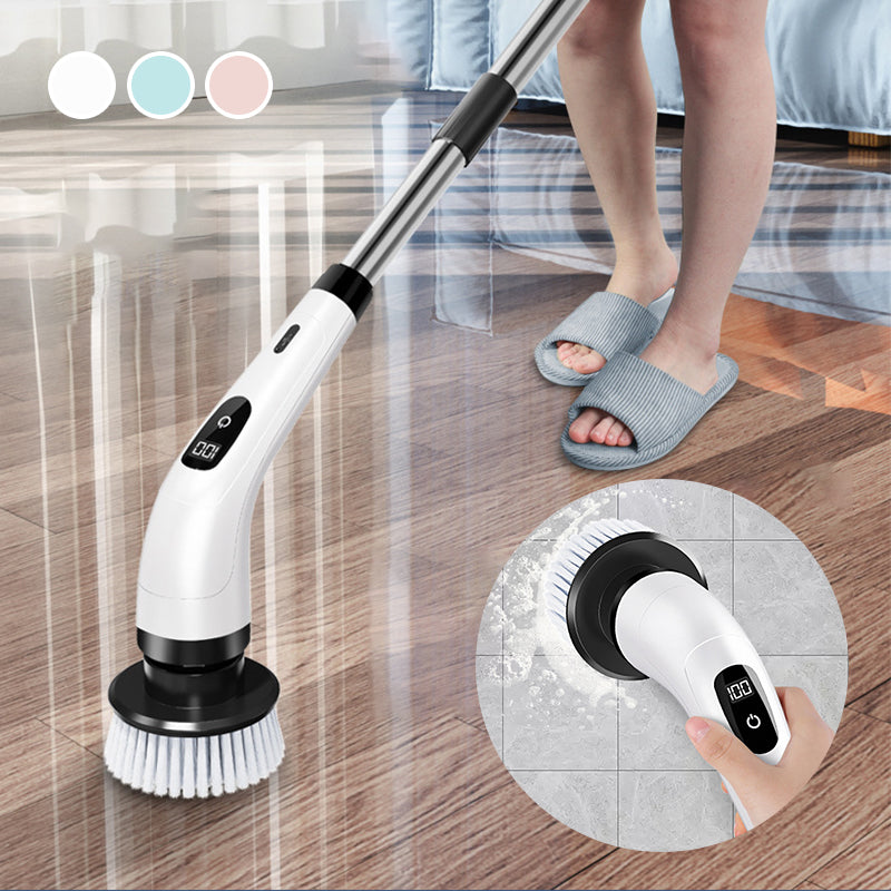 Arenzza 9-in-1 electric cleaning brush with multiple attachments for home cleaning, shown in use on various surfaces.