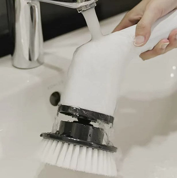 Arenzza 9-in-1 electric cleaning brush with multiple attachments for household cleaning, shown with various brush heads and handle.