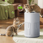 Arenzza compact home air purifier with sleek white design, shown on a modern living room table, ideal for allergies, dust, and pet hair.