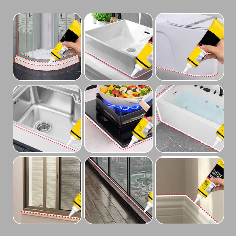 White waterproof caulk with scraper from Arenzza, ideal for sealing and repairs in houseware and kitchen projects.