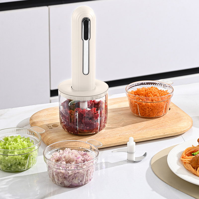 Aarenza home use wireless electric meat grinder in a kitchen setting with a sleek design and stainless steel grinding parts.
