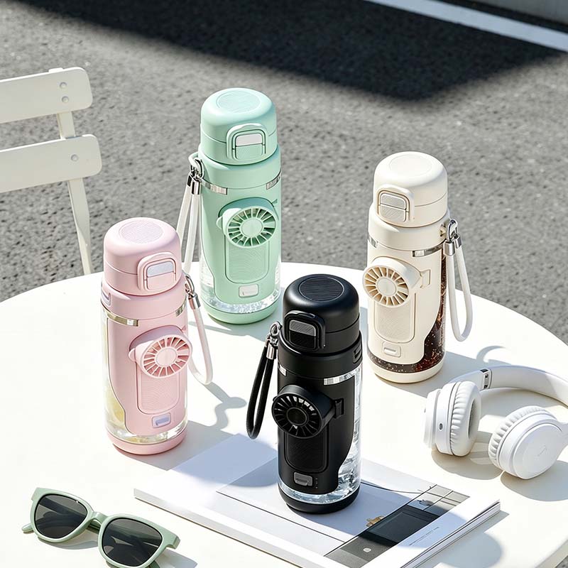 Arenzza portable cooling fan water bottle with built-in fan and water reservoir, ideal for outdoor use and staying cool on the go.