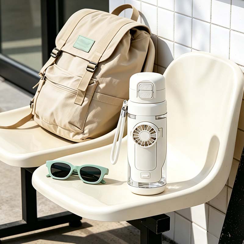 Arenzza portable cooling fan water bottle for home and kitchen, featuring a compact design with built-in fan and water bottle in a household setting.