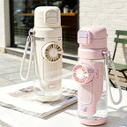 Arenzza portable cooling fan water bottle with built-in fan and water reservoir, designed for portable cooling and hydration.