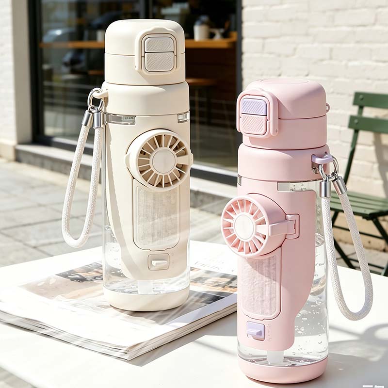 Arenzza portable cooling fan water bottle with built-in fan and water reservoir, designed for portable cooling and hydration.
