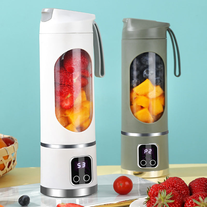 Arenzza portable cordless juicer in white with a transparent juice container and ergonomic design for easy kitchen use.