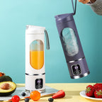 Arenzza portable cordless juicer in sleek white design with a transparent container and a removable lid for easy juice extraction.