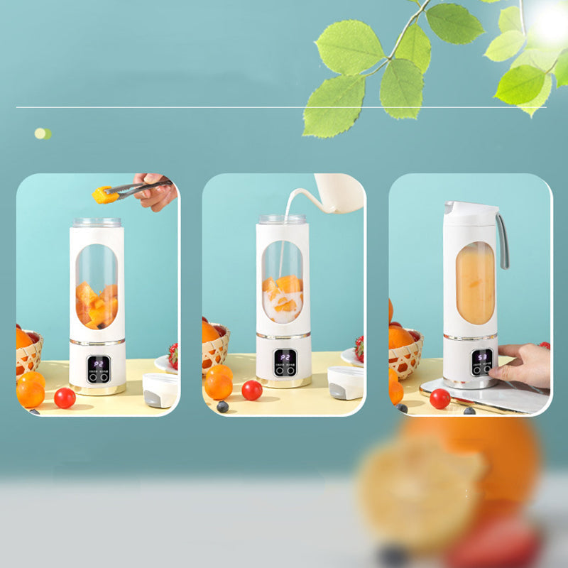 Arenzza portable cordless juicer with a sleek design, featuring a transparent container and power button, ideal for fresh juice on the go.