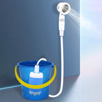 A portable camping shower with water pump by Arenzza, featuring a compact design and water hose for outdoor shower use.