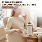 Arenzza stainless steel vacuum-insulated bottle with lidded cup, showcasing sleek design and double-wall construction for hot or cold drinks.