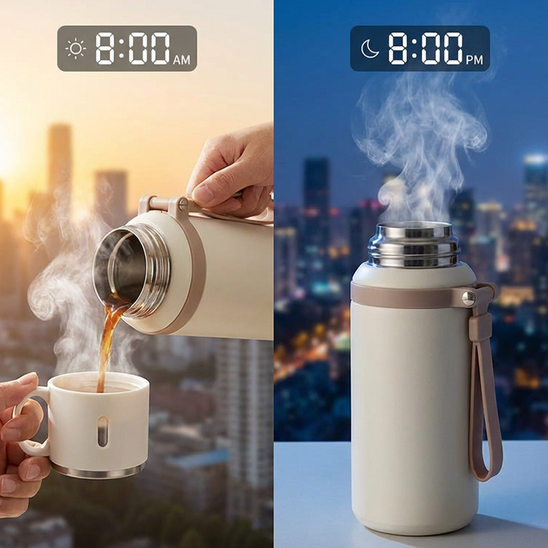 Arenzza stainless steel vacuum-insulated bottle with a lidded cup, sleek and durable for keeping beverages hot or cold.