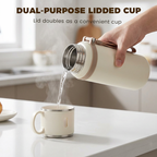 Arenzza stainless steel vacuum-insulated bottle with lidded cup, showcasing durable, sleek design for hot or cold beverages in the kitchen.