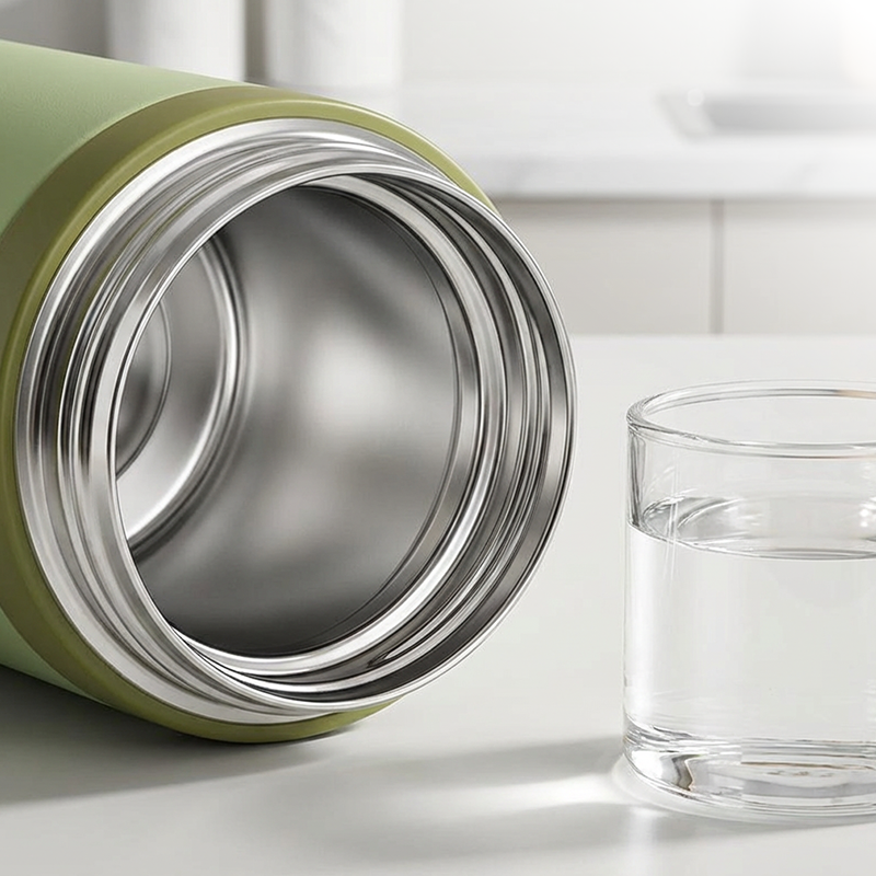 Arenzza stainless steel vacuum-insulated bottle with lidded cup for hot and cold beverages, sleek houseware kitchen accessory.