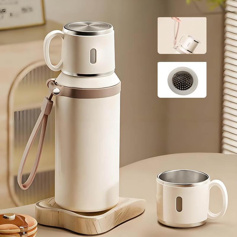 Arenzza stainless steel vacuum-insulated bottle with lidded cup, durable houseware for hot and cold beverages in kitchen or outdoor use.
