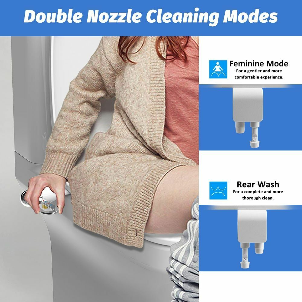 Arenzza dual nozzle bidet washer with self-cleaning feature, installed in a modern bathroom toilet setup.