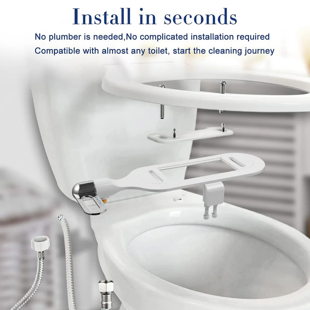 Arenzza dual nozzle bidet washer with self-cleaning features, installed on a toilet for hygiene and enhanced personal cleanliness.
